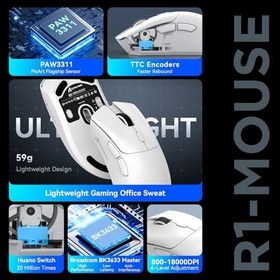 Resim ATTACK SHARK R1 59g SUPERLIGHT Fare, PixArt PAW3311 Oyun Sensörü, BT/2.4G Kablosuz/Kablolu Oyun Faresi, 18000'e kadar 6 Ayarlanabilir DPI, 65 Saat Pil (Beyaz) 