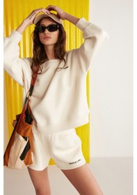 Resim Grimelange Jennıfer Kadın Organik Pamuklu Nakışlı Yuvarlak Yakalı Oversize Vanilya Sweatshirt 