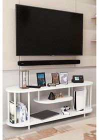 Resim Modern Tv Ünitesi Ahşap Raflı 2 Katlı Televizyon Sehpası Minimalist,dayanıklı, Tv Standı Beyaz Demir Beyaz 