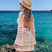 Resim Kadınların Şık Tatil Temalı Elbisesi - Uzun Kollu, Delikli Arka, Düz Renk, Polyester, Bahar/Yaz İçin Mükemmel, Plaj Kıyafeti|Tatil Stili|Polyester Kumaş 