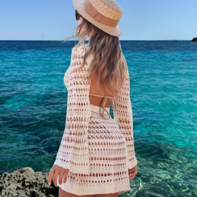 Resim Kadınların Şık Tatil Temalı Elbisesi - Uzun Kollu, Delikli Arka, Düz Renk, Polyester, Bahar/Yaz İçin Mükemmel, Plaj Kıyafeti|Tatil Stili|Polyester Kumaş 
