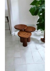 Resim Şık Meşe Renk Masif Ahşap Mantar Sehpa 3 Lü Doğal Fiskos Ve Zigon Seti - Coffee Table Meşe 