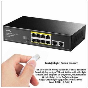 Resim Cudy FS1010P 8 Port 10/100mbps 120W Poe+ 2 Uplink Portlu Vlan Cctv Rack Mount Metal Switch 