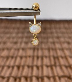 Resim 316 L Cerrahi Çelik Anti Alerjik 10 Mm Opal Taşlı Sallantılı Kedi Model Göbek Piercingi Opal Altın 