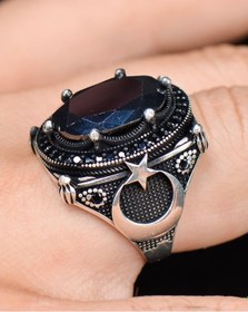 Resim 925 Ayar Gümüş Erkek Yüzüğü Siyah Zirkon Taşlı Ay Yıldız Figürlü 