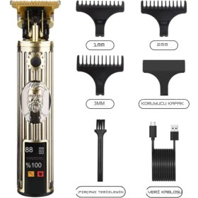 Resim Nidage 1-2 Saat Waer Full Metal Tasarım Ultra Güçlü Dijital Ekranlı Saç Sakal Çizim Makinesi Şarjlı Altın 