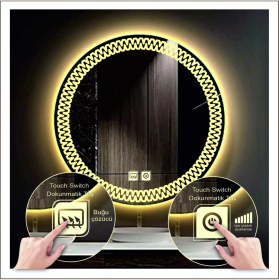 Resim Dnr-Mirror55 Cm Günışığı Ledli Tasarım Kumlamalı Dokunmatik Tuşlu Buğu Önleyicili Banyo Aynası Makyaj Aynası 