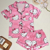 Resim Sanrio Hello Kitty Women'S Pajama Set, Cute Cartoon Short Sleeve Shirt and Shorts with Lapel Collar, All-Season Satin Sleepwear, Polyester 97% Elastane 3%, Button Detail, Woven Fabric, 90gsm 