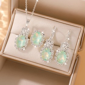 Resim 4 parça/Set Basit ve Şık Oval Parıldayan Kadın Takı Seti, 1 adet Kolye+1 adet Yüzük+2 adet Küpe, Modaya Uygun Kadınlar İçin Seçilmiş Takı Seti 