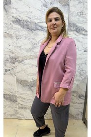 Resim BE ATÖLYE BUTİK Kadın Astarlı Blazer Ceket Düğmesiz Yan Cep Dantel Detaylı Çıtçıt Kollu 