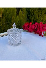 Resim MY1COMPANY Kesme Kapaklı Mini Boy Baklava Desenli Cam Şekerlik, Mumluk, Pamukluk 11 Cm 