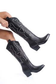Resim Bak Store Siyah Cilt Deri Beyaz Kalp Nakışlı Kovboy Fermuarlı Western Kadın Çizme 