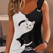 Resim Kadınlar İçin Spor 3D Baskılı Kedi Desenli Yuvarlak Yaka Atlet 