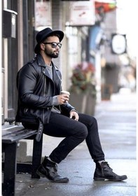 Resim Hakiki Deri Siyah Faux Fermuarlı Erkek Deri Ceket Siyah 