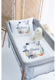 Resim Lilabio %100 Pamuk Saten İsme Özel İsimli 70x120 Park Yatak Nevresim Seti Deniz Canlıları 