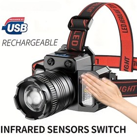 Resim 1 adet LED İndüksiyon Başlıklı Fener, HXP50+COB Şarj Edilebilir Kafa Montajlı El Feneri, Keşif Sensörlü Far Açık Hava Kampçılığı Balıkçılık Avcılık Tırmanma için 