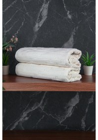Resim Tuğla Desenli 2li Ayak Havlusu - 50x70 Cm - Su Emici Banyo Paspası Seti - Beyaz Beyaz 