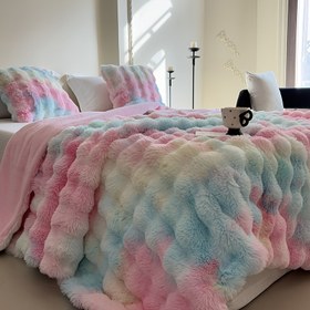 Resim 1 adet Ultra-Yumuşak Sahte Tavşan Kürkü Atma Battaniyesi, Pastel Renklerde Bağcıklı Kabarcık Peluş - Yatak Odası, Oturma Odası, Yurt, Araba Koltuğu, Seyahat için Rahat, Sıcak - Çok Yönlü Tüm Mevsimler İçin Kullanılabilir, Peluş Oyuncak, Seyahat Arkadaşı | Rahat Ev Dekoru | Yumuşak Polyester, Tavşan 