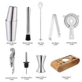 Resim Zicco JKK 03 Ahşap Standlı 10 Parça Boston Shaker Bar Kokteyl Seti, 750 ml 