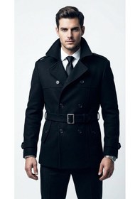 Resim Erkek Kemerli Trençkot Mont Kaşe Kumaş, Kapitone Astarlı, Çift Düğmeli Premium Tasarım Siyah 