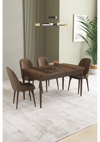 Resim Ikon Barok Desen 80x132 Mdf Açılabilir Yemek Masası Takımı 4 Adet Sandalye Kahverengi 