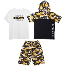 Resim Fyk Kids Erkek Çocuk 3'lü Kamuflaj Desenli Kapri-baskılı Tişört- Kamuflaj Desenli Sweatshirt Alt Üst Takım Sarı 