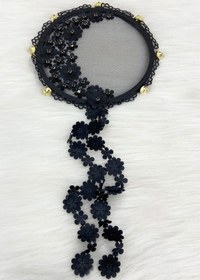 Resim ZEYMERADE Siyah Çiçekli Parlak Taşlı Gelin Tefi, Düğün Kına Söz Sünnet Bekarlığa Veda Bride Zilli 25cm, 1 Adet 