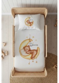 Resim %100 Pamuk Saten İsme Özel İsimli 100x200 Tek Kişilik Lastikli Çarşaf Seti Uykucu Ayıcık Beyaz 