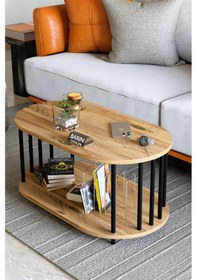Resim Modern Oval Orta Sehpa Çift Katlı Metal Ayaklı Salon, Ofis, Dekoratif Sehpa, Kahve Sehpası Atlantik Çam 