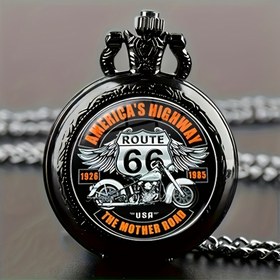 Resim Vintage Route 66 Yol Koleksiyonu Kuvars Cep Saati Kolye - Şık Siyah Çinko Alaşım Kasa ve Kanatlı Motosiklet Amblemi, Harika Hediye 