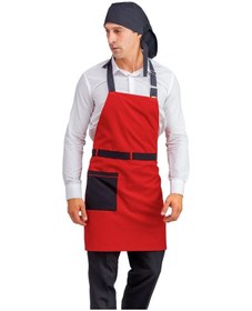 Resim Kırmızı Üzerine Siyah Kemer - Askılı Aşçı ve Mutfak Önlüğü 