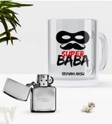Resim Bk Gift Kişiye Özel Süper Baba Cam Kupa Bardak Benzinli Metal Çakmak Seti-4 