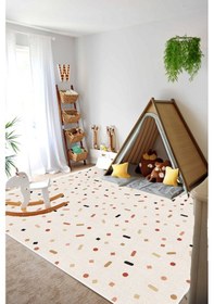 Resim Dijital Kaymaz Yıkanabilir Beyaz Jüt Görünümlü Renkli Geometrik Çocuk Halısı Oyun Halısı DC-9125 Bej 