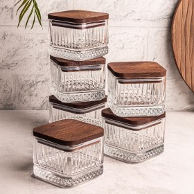 Resim Snippy Bella Kare 6'lı Ahşap Vakumlu Kare Kapaklı Cam Kahvaltılık Çok Amaçlı Cam Çerezlik 230 ml 