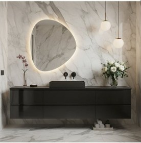 Resim 70x81 Cm Modern Asimetrik Led Li Banyo Aynası Dokunmatik, Dimmerli, 3000k Günışığı Sarı 