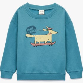 Resim Erkek Bebek Pamuklu Uzun Kollu Bisiklet Yaka Köpek Baskılı Şardonlu Sweatshirt 