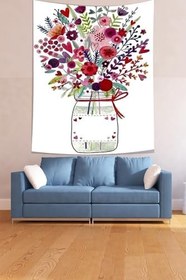 Resim Pelangi Vazodaki Çiçekler Kalpler Leke Tutmaz Kumaş Duvar Örtüsü Duvar Halısı Tapestry PNTR015, 70 x 70 