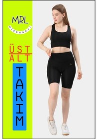 Resim Missmaral Kadın Siyah Takım Alt-üst Kısa Şort-tayt Ve Pedli Sporcu Büstiyer 2li Set Haki Renk Biyeli Elt3043 Siyah Haki 