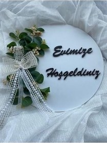 Resim Kapı Süsü Evimize Hoşgeldiniz Ahşap Okaliptus Yaprağı Beyaz Hediyelik 23-1 Beyaz 