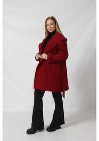 Resim Moda Berray Kuşaklı Yandan Bağlama Detaylı Kapüşonlu Kaşe Kaban Bordo 