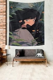 Resim Pelangi Kız Ve Kara Kedi Leke Tutmaz Kumaş Duvar Örtüsü Duvar Halısı Tapestry PNTR350, 70 x 70 