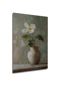 Resim Beyaz Çiçekli Vazo Yağlı Boya Görünümlü Dekoratif Ahşap Ev,antre,ofis,mutfak,Yatak Odası Tablo--- 30 X 20 