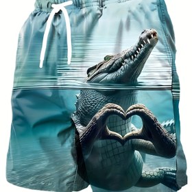 Resim Erkekler için 3D Timsah Kalp Baskılı Plaj Şortları - Hafif Polyester İpli Bel Rahat Yüzme Şortları Yaz, Golf, Balıkçılık, Basketbol, Spor Salonu ve Dış Mekan Aktiviteleri için, Spor Yüzme Şortları | Rahat İpli Şortlar | Hafif Şortlar 