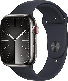 Resim Apple Watch Series 9 GPS + Cellular 45 mm Grafit Rengi Paslanmaz Çelik Kasa Akıllı Saat ve Gece Yarısı Spor Kordon 