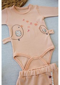 Resim 3-6 6-9 9-12 Ay Şarkıcı Kuşlar Nakışlı Bandanalı Uzun Kollu Zıbınlı 3lü Kız Bebek Takımı Buğday Buğday 