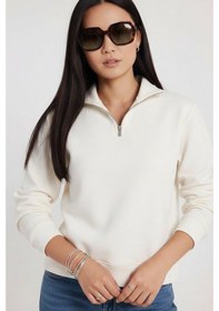 Resim Afri Kadın 3 İplik Şardonlu Yarım Fermuarlı Krem Sweatshirt İçi Pamuklu Kalın Kumaş, Tam Kalıp Rahat Model Krem 