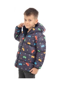 Resim Royalside Erkek Çocuk Içi Polarlı Kapüşonlu Araba Yıldız Ay Desenli Kışlık Şişme Mont Lacivert 