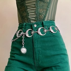 Resim Bohem Ay Güneş Oymalı Kemerli Y2K Moda Püskül Elbise Zinciri Kadınlar için Ayarlanabilir Zincir Kemer 