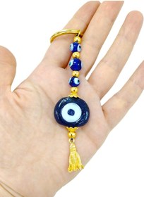 Resim biuti Lacivert Danagözü Nazar Boncuğu Anahtarlık / Araba Dikiz Ayna Süsü Hediyelik, Gold Renkli 