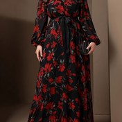 Resim Şık Büyük Beden Çiçek Desenli V Yaka Bağlamalı Belli Elbise, %100 Polyester Dokuma Kumaş, Esnek Değil, Dar Kesimli İlkbahar/Sonbahar Maksi Elbise 